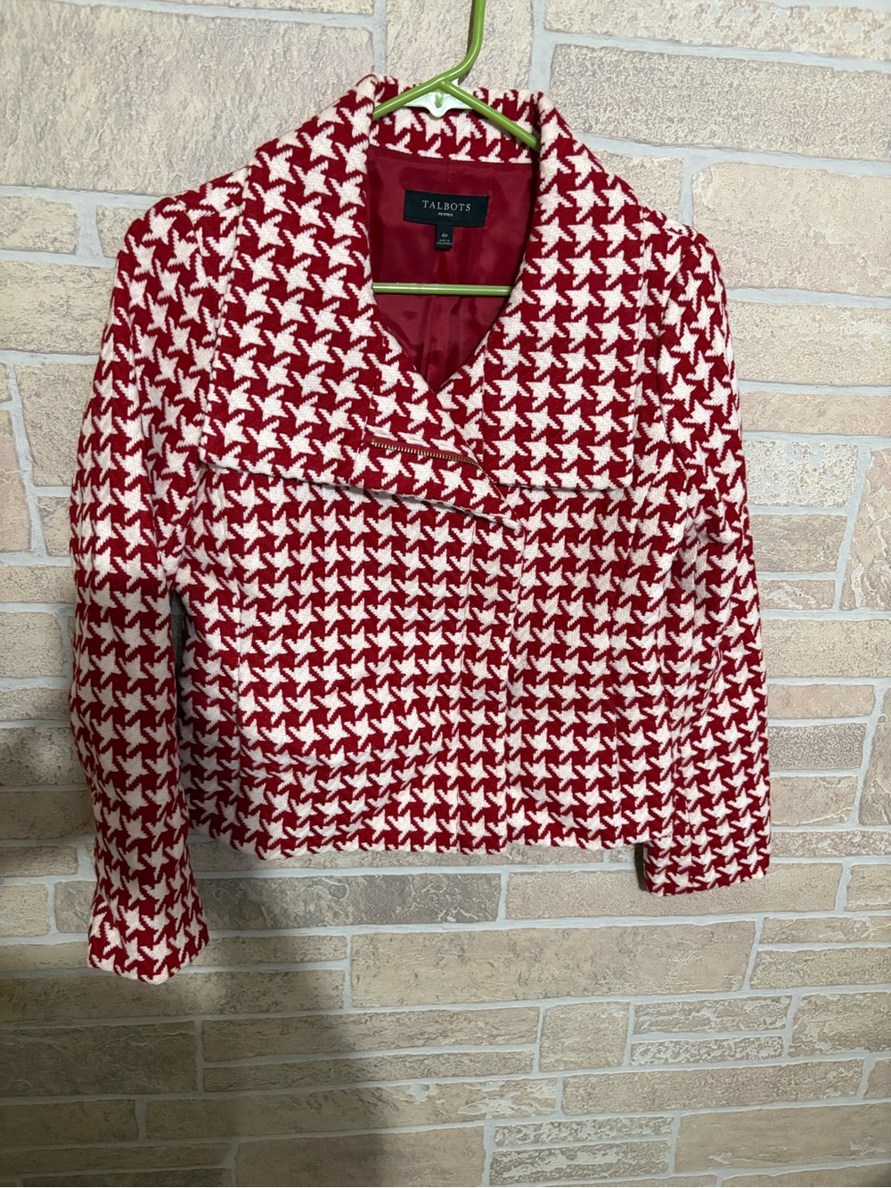 Talbots Red and White Houndstooth Cropped Blazer